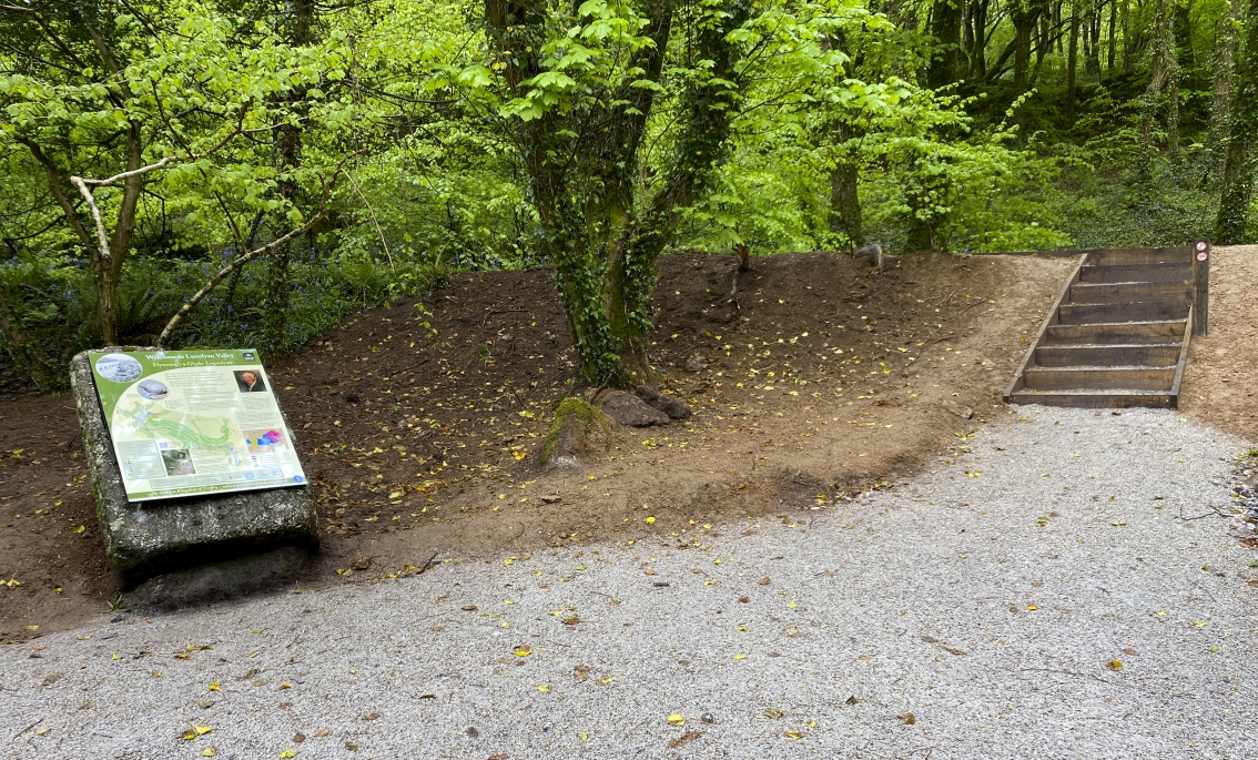 The Black Hill Car Park information panel alongside the Fowey Consols Leat and footpath